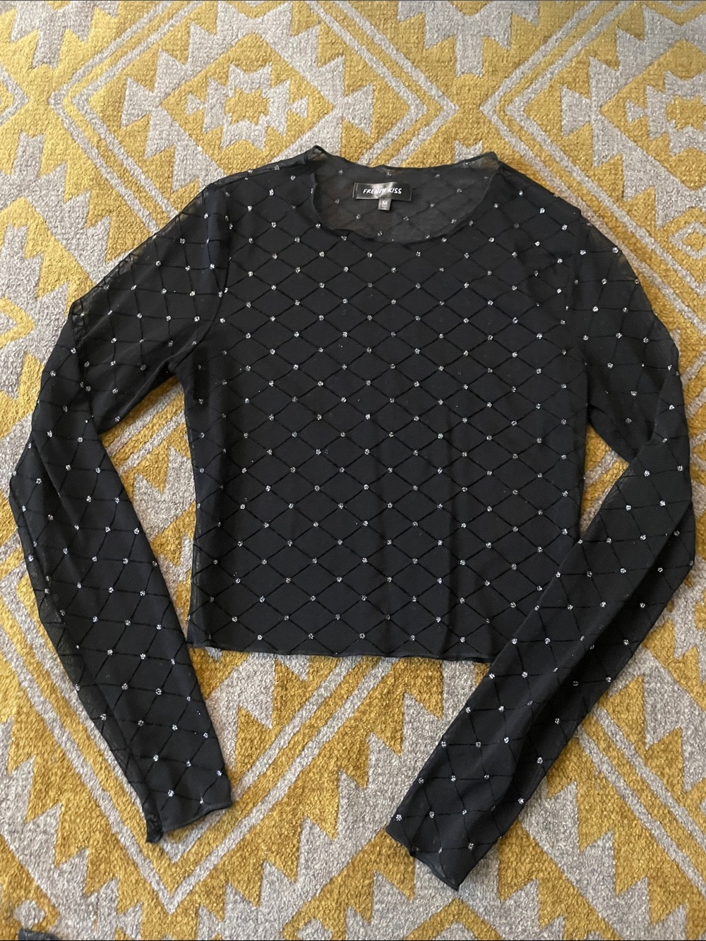 F21 Black Long-Sleeve Mesh Top with Rhinestone Grid